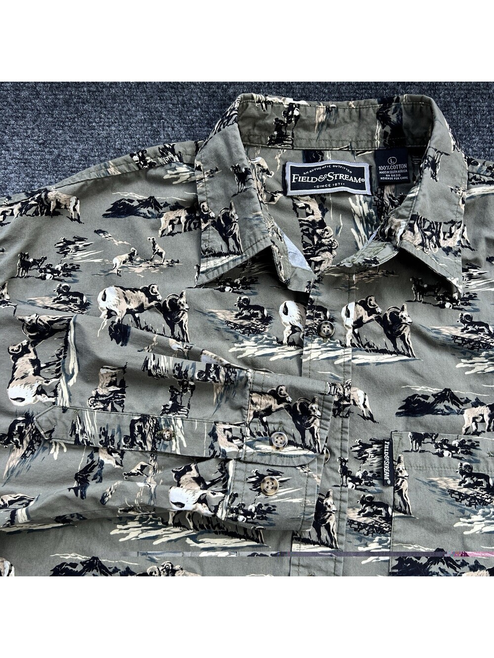 Field & Stream Vintage 90s Bighorn Ram Wildlife Print Cotton Mens L Shirt AOP